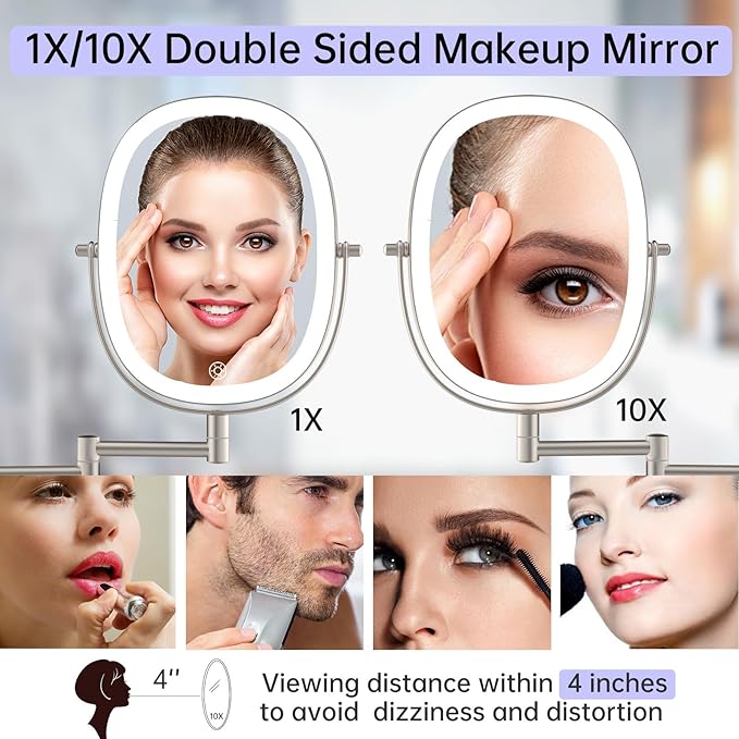 FUNTOUCH Rechargeable Wall Mounted Lighted Makeup Mirror, Oval Double-Sided Mirror 1X/10X Magnifying Mirror,3 Color Lights Touch Screen Dimmable 360°Swivel 13 Inch Extendable,Nickel