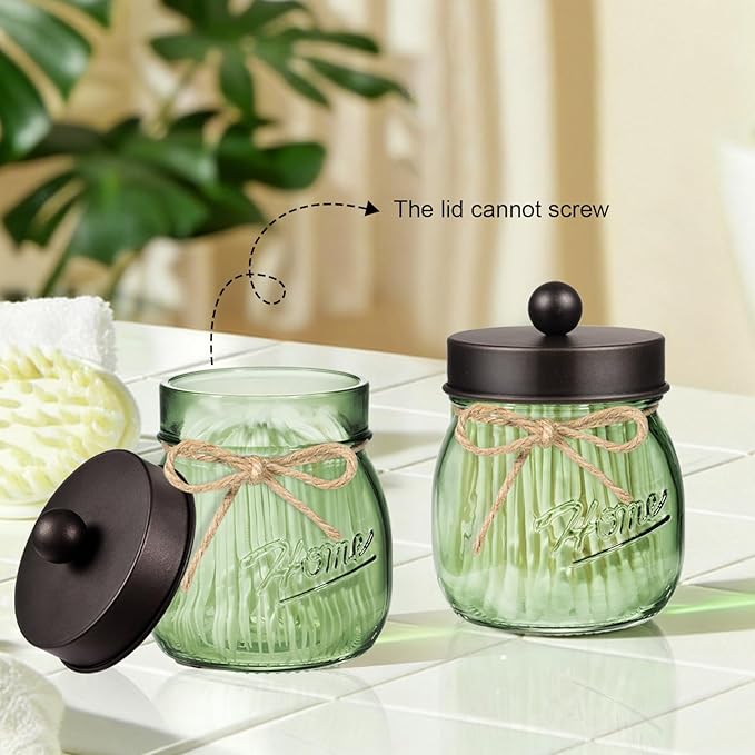 Amolliar Mason Jar Bathroom Accessories Set, 4 Pcs Green Glass Bathroom Set-Lotion Soap Dispenser, 2 Qtip Holders, Toothbrush Holder, Rustic Farmhouse Decor, Bathroom Home Decor For Countertop(Bronze)