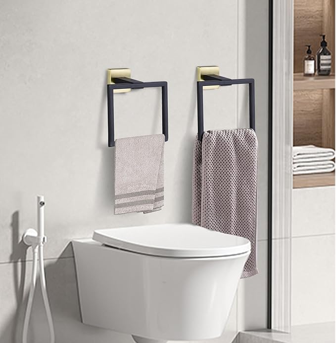 LANC Hand Towel Holder for Bathroom Wall Mount Matte Black and Brushed Gold Square Hand Towel Holder for Bath Lavatory SUS304 Stainless Steel Modern Style Shower Towel Towel Racks Hanger, A8896GK