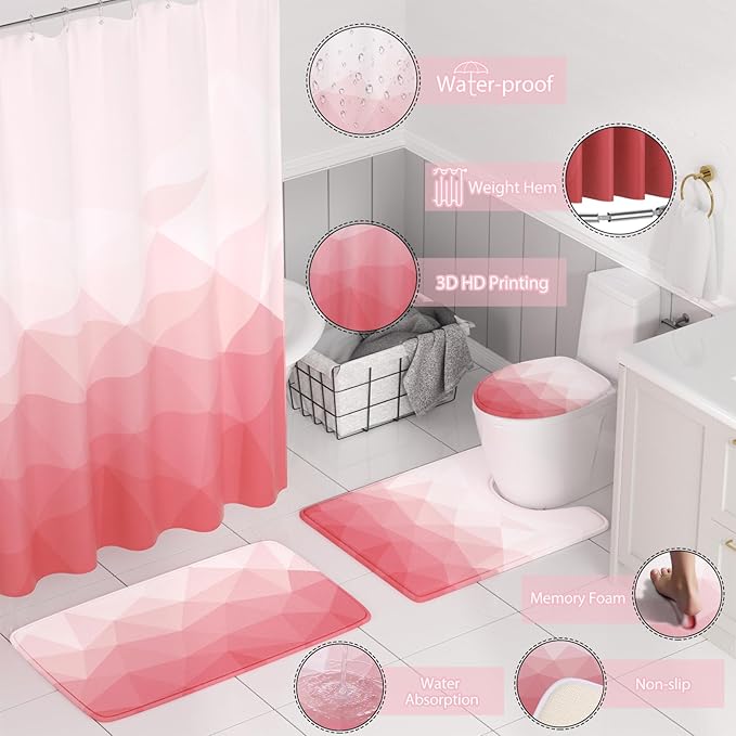 XLHOMO Bathroom Accessory Set - 26PC Bathroom Shower Curtain and Rug Set, Bathroom Accessories Set, Pink Bathroom Set with Trash Can, Toilet Brush, Qtip Holder & Soap Dispenser