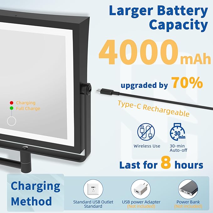 Ruacq Rechargeable Wall Mounted Makeup Mirror with Lights, Double Sided 1X/10X Magnifying Vanity Mirror with 3 Color Lighting, Touch Screen Dimmable, 360° Rotation Extension Foldable Arm(Matte Black)