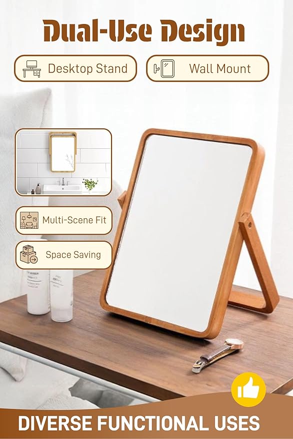 Tumecos Folding Bamboo Vanity Mirror, Tabletop & Wall Mounted 2-in-1 Makeup Mirror, Adjustable HD Rectangle Mirror with Sturdy Stand, Natural Bamboo Frame for Bathroom, Bedroom, Dressing Room,Gift,L