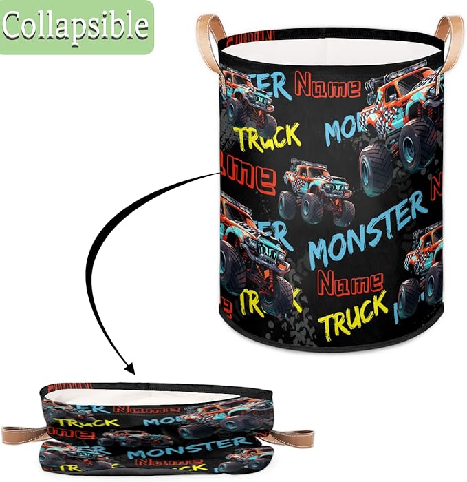 Custom Monster Truck Car Laundry Hamper, Personalized Laundry Baskets with Handles Dirty Clothes Hamper Storage Basket