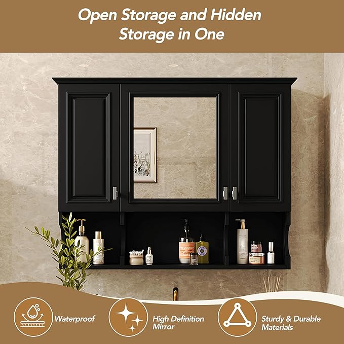Virubi Bathroom Wall Cabinet with Mirror, Medicine Cabinet with 3 Doors and Adjustable Shelf, Space Saver Storage Cabinets Over The Toilet for Bathroom (35'' x 28'') (Black Color)