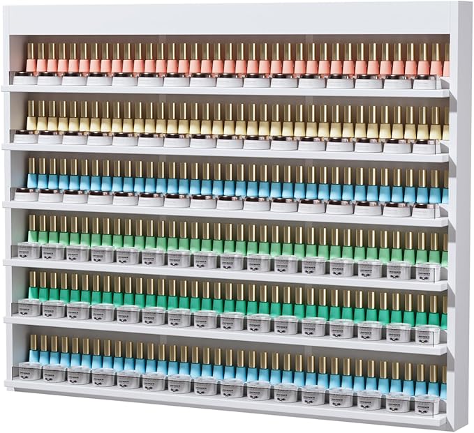 OmySalon Powder & Polish Rack - 6-Tier Double Nail Polish Organizer Wall-Mounted Salon Display Rack with Acrylic Barrier for Nail Salon Spa Home Beauty Studios (White)