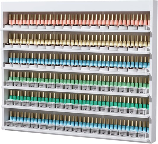 OmySalon Powder & Polish Rack - 6-Tier Double Nail Polish Organizer Wall-Mounted Salon Display Rack with Acrylic Barrier for Nail Salon Spa Home Beauty Studios (White)