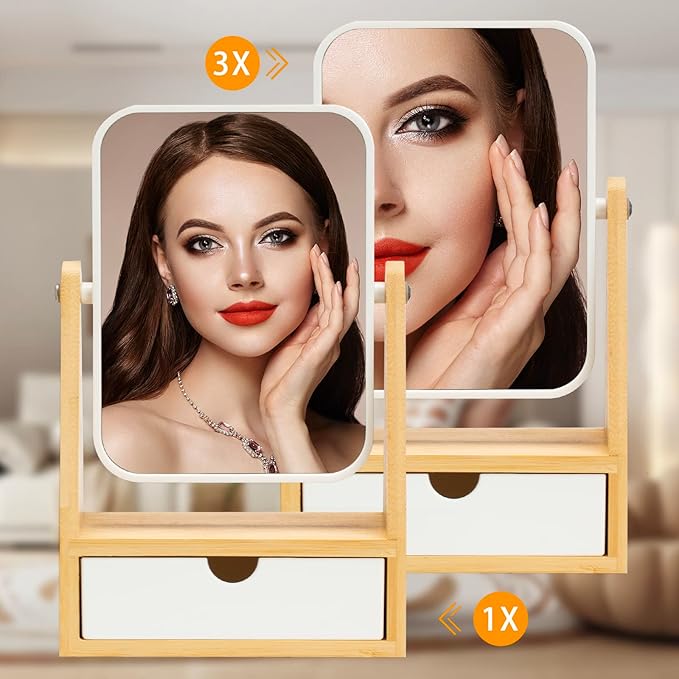 YEAKE Vanity Double Sided Magnifying Makeup Mirror with Storage, Adjustable Natural Bamboo Stand, Portable Desk/Table Mirror, Rectangular