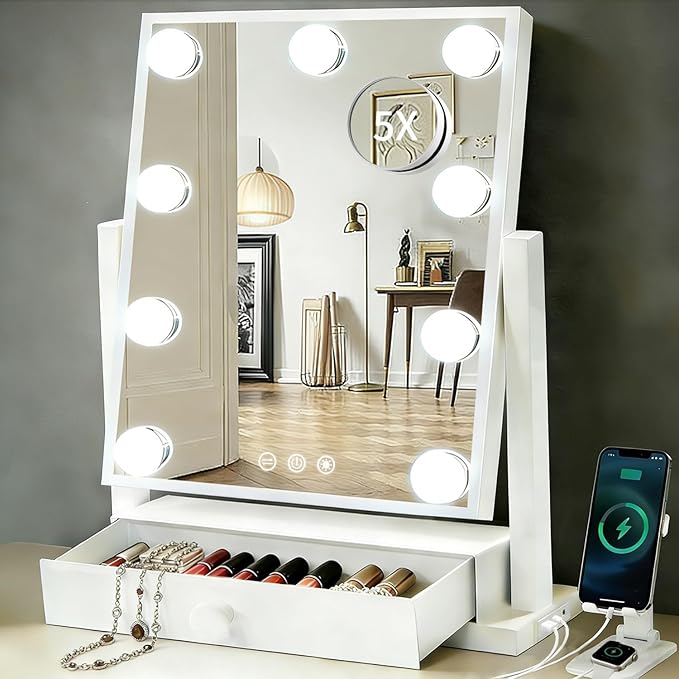 COLMERD Vanity Mirror with Lights with Drawer, Type-C and USB Charging Port, Hollywood Makeup Mirror with 9 LED Bulbs, 3 Colors Dimmable, Touch Control, Detachable 5X Magnification, Gifts for Women