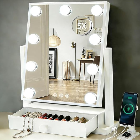 COLMERD Vanity Mirror with Lights with Drawer, Type-C and USB Charging Port, Hollywood Makeup Mirror with 9 LED Bulbs, 3 Colors Dimmable, Touch Control, Detachable 5X Magnification, Gifts for Women