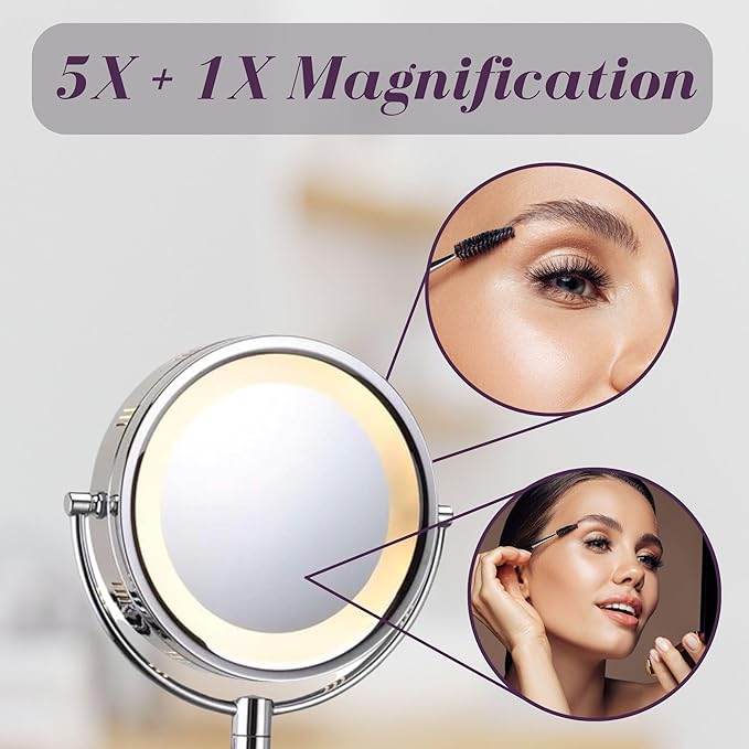 JERDON Wall-Mounted Makeup Mirror with 5X Magnification - Chrome Makeup Mirror with LED Lights - Plug in - HL65C