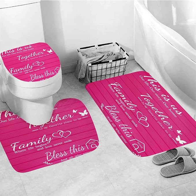 juwute 4Pcs Family Shower Curtain Sets with Non-Slip Rugs, Toilet Lid Cover and Bath Mat, Pink Home Bathroom Decor Set Accessories Waterproof Shower Curtains with 12 Hooks, 72 x 72 Inch
