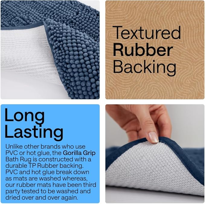 GORILLA GRIP Bath Rug Mat 54x24, Soft Absorbent Chenille, Quick Dry Microfiber Mats, Rubber Backing Washable Shower Floor Rugs, Bathmat Runner, US Designed Bathroom Home Decor Accessories Navy Blue