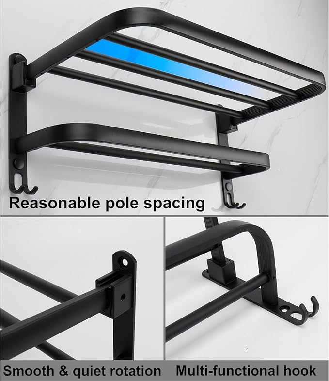 TocTen Towel Rack for Bathroom, Foldable Towel Holder with Double Towel Bars, Wall Mounted Premium Aluminum Bathroom Tower Shelf, Space-Saving Towel Hanger for Bathroom, Lavatory (Black,16 in)