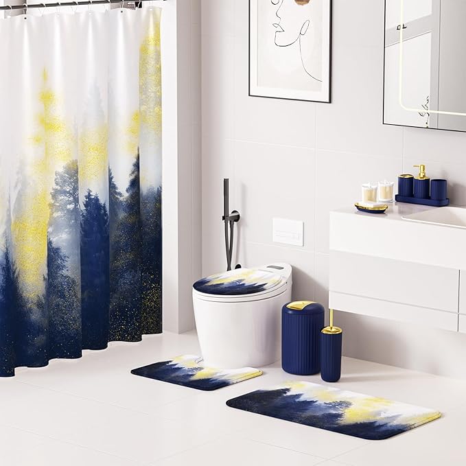 Navy and Gold Bathroom Accessories, Bathroom Sets with Shower Curtain and Rugs, Bath Rugs Accessory Set with Bathroom Trash Can, Soap Dispenser, Soap Dish for Home Decor