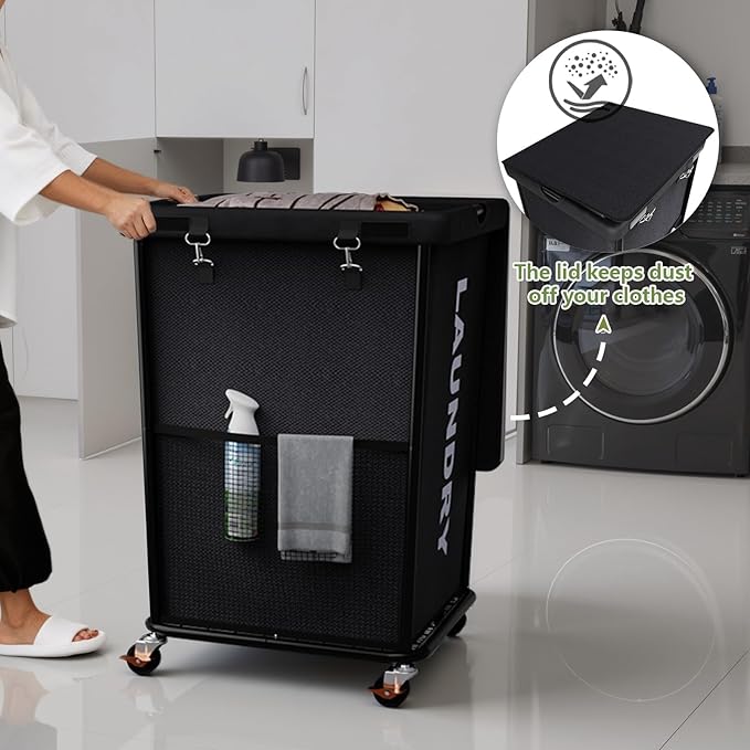 150L Laundry Basket with Wheels, Rolling Laundry Hamper with Cloth Cover, Laundry Cart with Metal Frame & Removable Bag, Large Dirty Clothes Hampers for Bedroom Aesthetic, Laundry Room Bathroom, Black