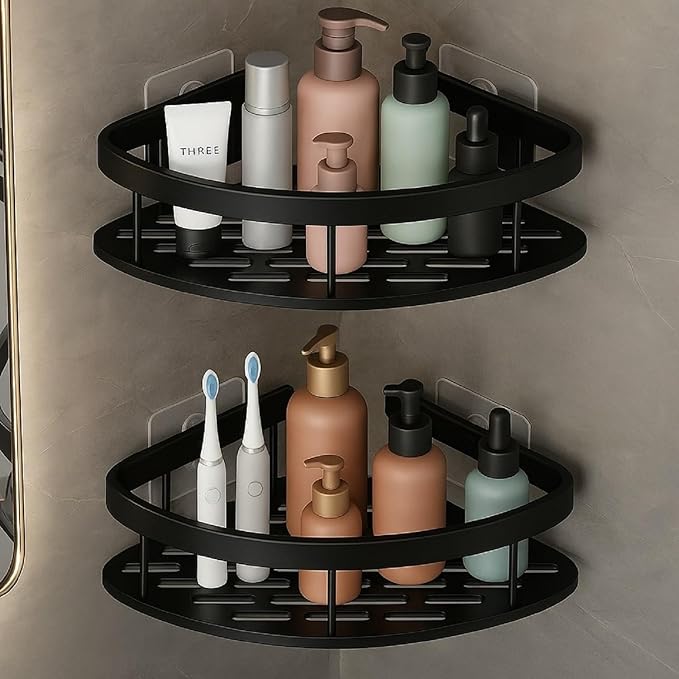 Self Adhesive Aluminum Corner Shelf for Bathroom & Kitchen | Wall Mounted Storage Rack Organizer | No Drilling Bathroom Accessories Holder (Black,Pack of 2)