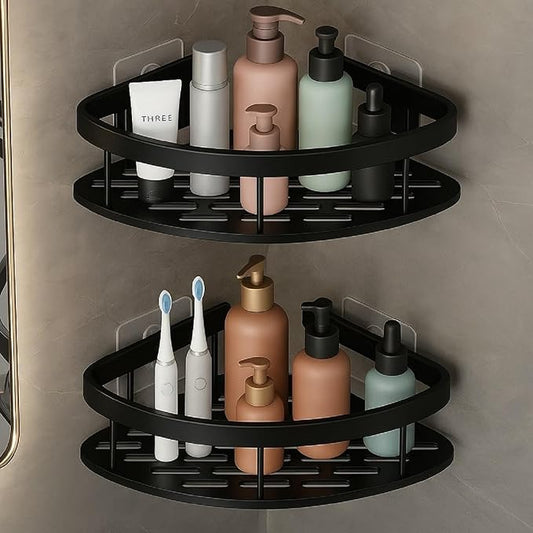 Self Adhesive Aluminum Corner Shelf for Bathroom & Kitchen | Wall Mounted Storage Rack Organizer | No Drilling Bathroom Accessories Holder (Black,Pack of 2)