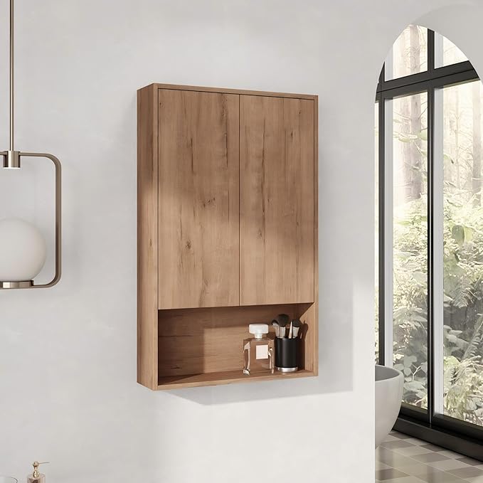 24 Inch Bathroom Wall Cabinet, 24" Wall Mounted Home Storage Cabinet, Bathroom Medicine Cabinet with 2 Soft-Close Door and 1 Adjustable Shelf - Brown