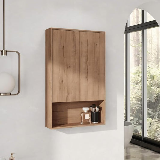 24 Inch Bathroom Wall Cabinet, 24" Wall Mounted Home Storage Cabinet, Bathroom Medicine Cabinet with 2 Soft-Close Door and 1 Adjustable Shelf - Brown