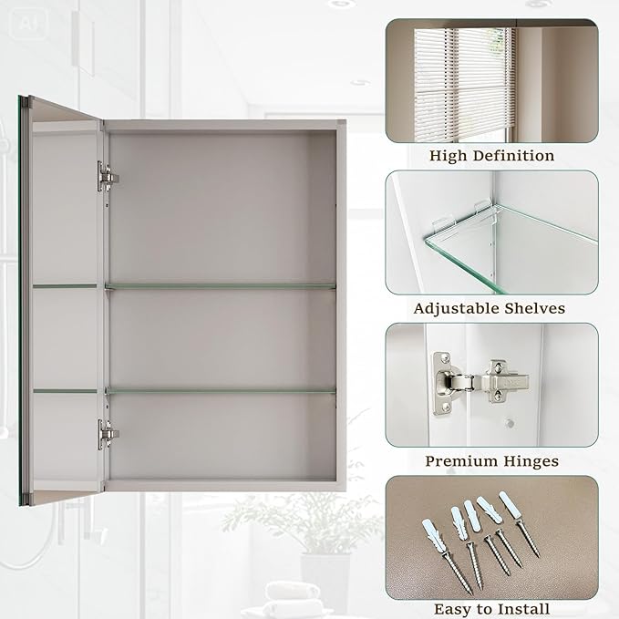 Bathroom Medicine Cabinet with Mirror, 20 Inch x 24 Inch Bathroom Mirror Cabinet with Single Door & Adjustable Shelves, Surface Mount or Recess Installation