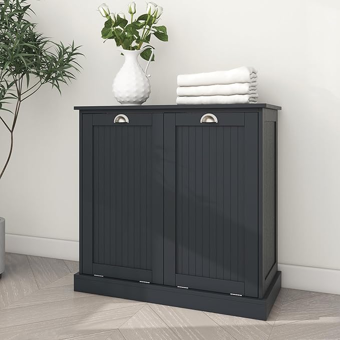 Locsear Tilt Out Laundry Hamper Cabinet with Removable Basket, Double Hidden Laundry Hamper Cabinet, Wood Bathroom Storage Cabinet, Free Standing Home Organizer, (Black)