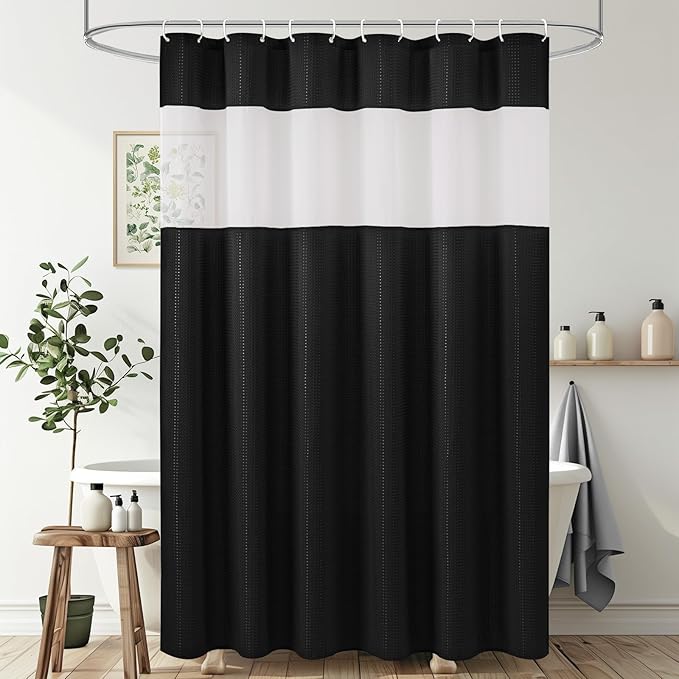UFRIDAY Waffle Weave Shower Curtain 72x72 inch,Hotel Style Bath Curtain with Mesh Window, Heavy Duty Thick Fabric Shower Curtain for Bathroom,Washable Water Resistant，Black