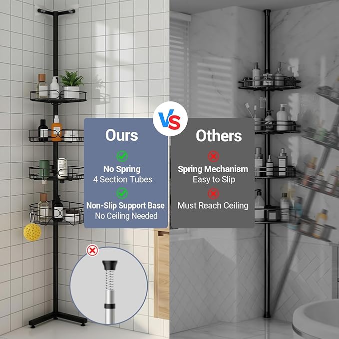 Standing Shower Caddy, 4-Tier Adjustable Height Bathroom Organizer, 6-Section Pole, Sturdy Floor Standing Shelf for Shower or Bathtub – No Drilling, No Spring Tension
