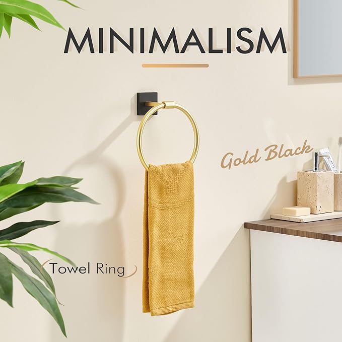 KOKOSIRI Hand Towel Holder Wall Mounted Towel Ring Bathroom Accessories Shower Towel Hanger Rack Stainless Steel Black with Gold, B3010GDK