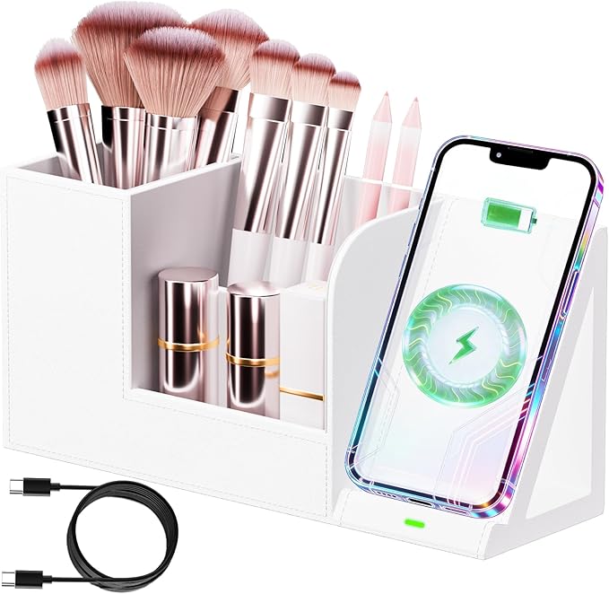 LADSTAG Makeup Brush Holder Organizer with Phone Charging Stand – Leather Cosmetic Cup for Perfume, Nail Polish, Lipstick & Art Supplies | Vanity, Bathroom & Desktop Organizer