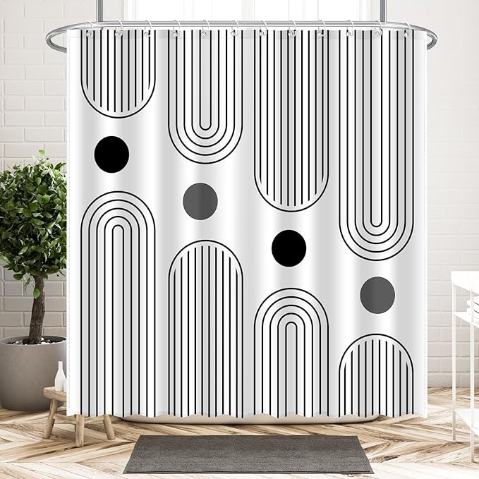 Boho Mid Century Shower Curtain Set, Modern Minimalist Arch Lines Sun Abstract Aesthetics Bathroom Decor, Waterproof Fabric White Bohemian Bath Curtain with 12 Hooks 72x72 inches