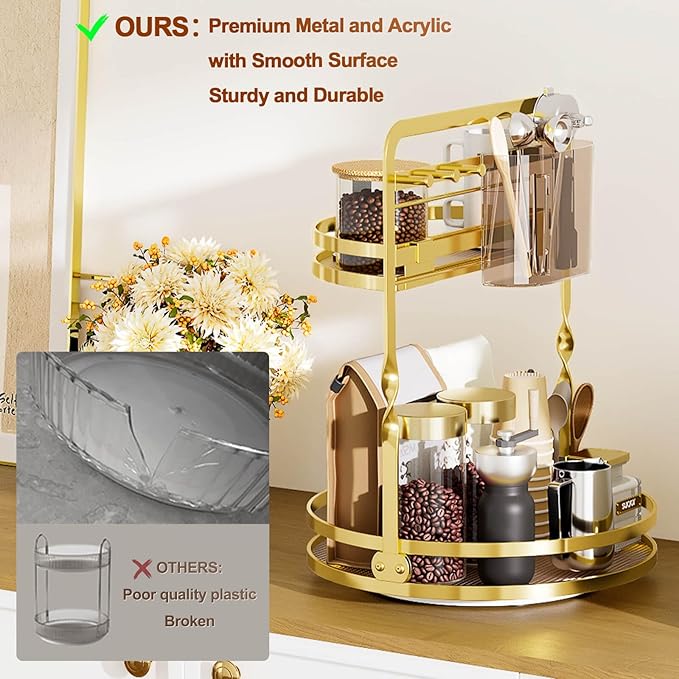 360 Rotating Makeup Organizer, Gold Perfume Organizer, 2 Tier Bathroom Counter Organizer, Multi-Function Spinning Skincare Storage, Cosmetic Display Case with Brush Holder for Vanity Dresser