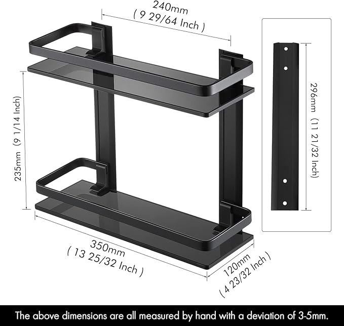 KES 2 Tier Bathroom Glass Shelves, Black Extra Thick Tempered Glass Rectangular, Aluminum Double Shelves Wall Mounted, BGS4126B-BK