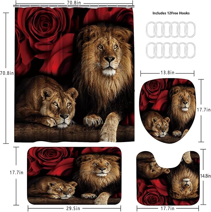 jieprom 4PCS Red Rose and Lion Shower Curtain Bathroom Set with Rugs, Toilet Lid Cover and Bath Mat, Red Shower Curtain with 12 Hooks, Complete Bathroom Accessories Decor Set