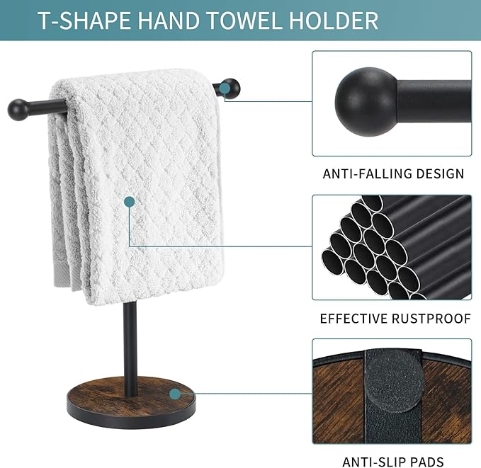 YINMIT Hand Towel Stand, T-Shape Height 15?€? Wood Countertop Towel Holder Stand, Hand Towel Rack with Heavy Base for Bathroom Kitchen Countertop Vanity