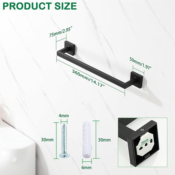 Alise Towel Bar for Bathroom,16'' Towel Holder Black Towel Racks for Bathroom Wall Mount,SUS304 Stainless Steel Towel Rail Towel Hanger for Wall,Matte Black