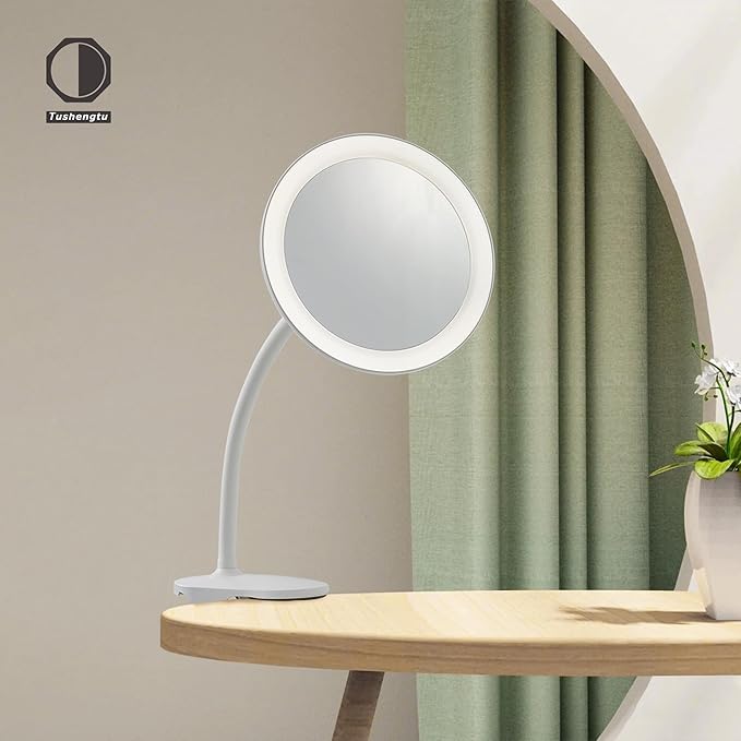 6.5" Clip-On Magnifying Vanity Mirror - 5X Magnification, USB Rechargeable, Lighted, Travel-Friendly (White)