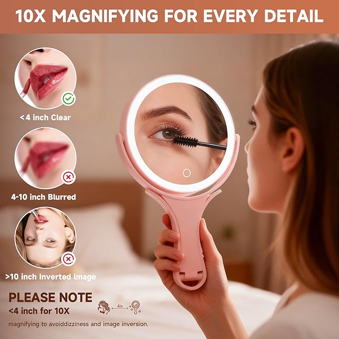 Hasipu Portable Travel Makeup Mirror with Lights – 360° Rotating with 1X/10X Magnifying, Rechargeable Tabletop Handhold Hanging 3 in 1 Mirror (Pink)