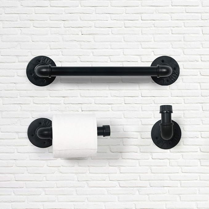 HouseAid 3-Pieces Industrial Pipe Towel Holder Set, Rustic Steel Towel Rack Kit, Farmhouse Vintage Style Towel Bar Accessories for Bathroom, Wall Mounted, Matte Black