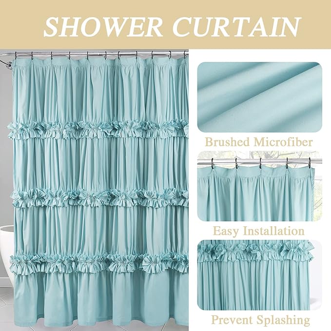 Spa Blue Ruffle Shower Curtain, Vintage Handcrafted Bow Tie Bath Curtain for Master Bathroom, Ruched Microfiber Bathroom Curtain with 12 Buttonholes, 72" W x 72" H (LQ-10)