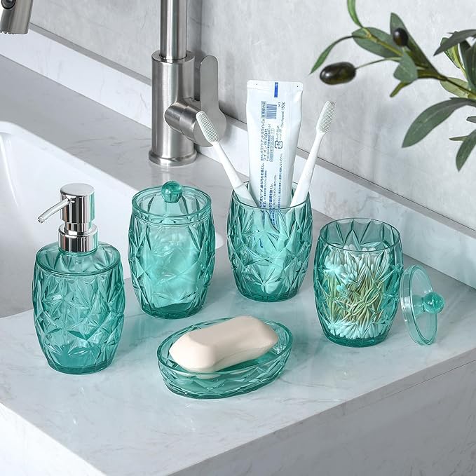 Shatterproof Acrylic Teal Blue Bathroom Accessories Set – Glass-Free, 5-Piece Vanity Set with Lotion Soap Dispenser, Toothbrush/Makeup Brush Holder, 2 Dust-Proof Cotton Jars, and Soap Dish
