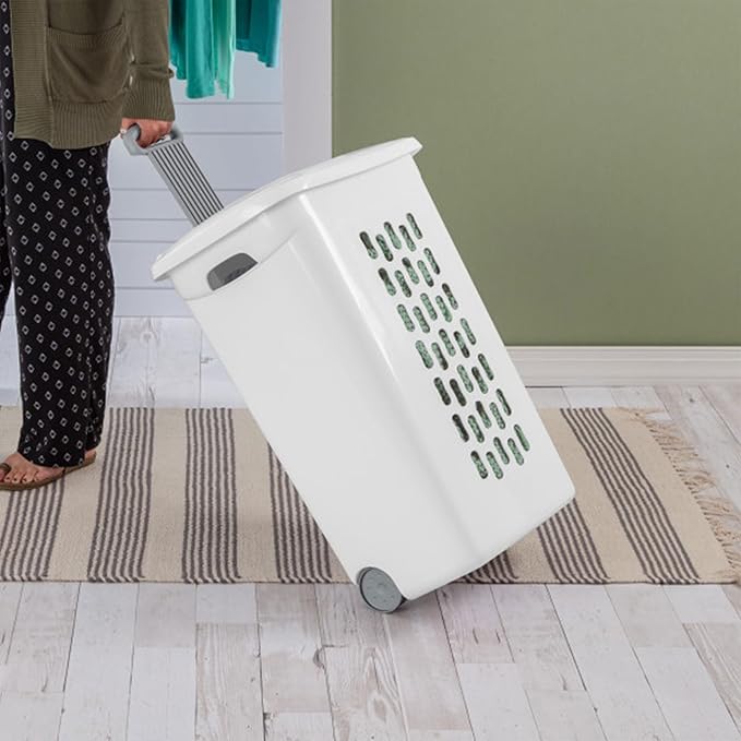 Sterilite 9-Pack Ultra Wheeled Hamper, Laundry Basket w/Flip-Top Lid & Retractable Handle - Plastic Rolling Clothes Storage Cart with Ventilated Holes for Home, Apartment or Dorm
