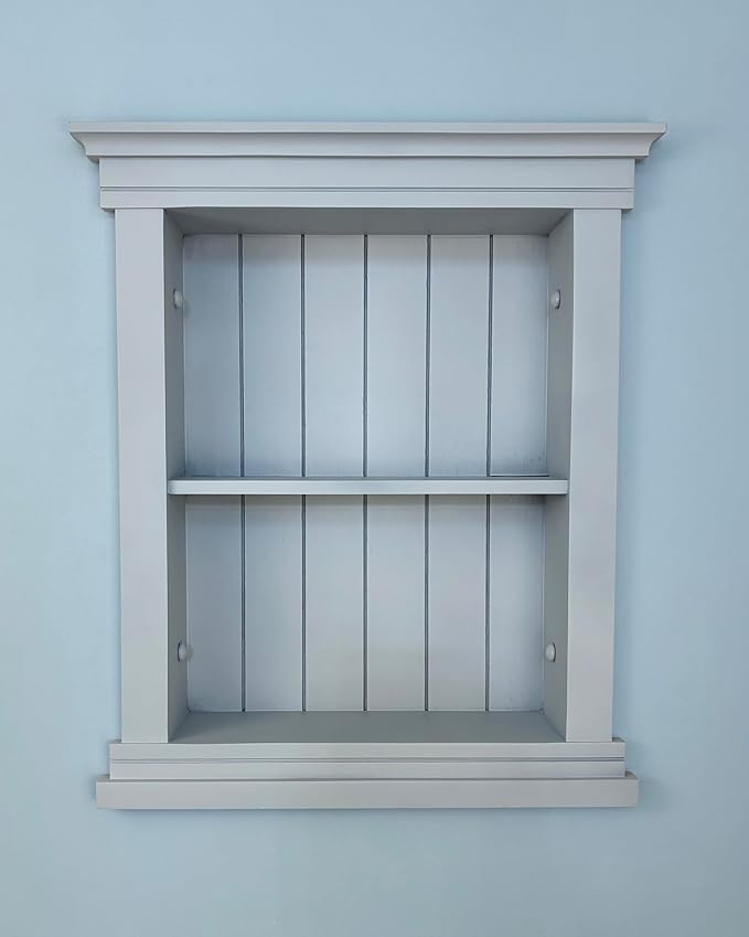 Fox Hollow Furnishings 14x18 Elliot Craftsman Recessed Wood Wall Niche, Open Medicine Cabinet Replacement, in Wall Bathroom Cabinet Insert Shelves, Made in North America, NO MDF, Beadboard, Light Gray