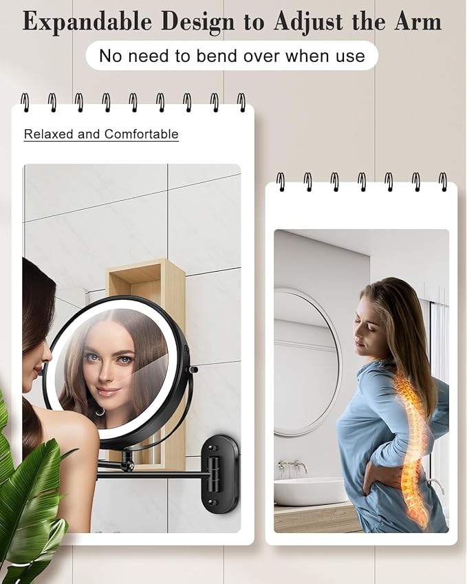 vpu 9" Wall Mounted Makeup Mirror with Light, 20X/1X Height Adjustable Double Sided Magnifying Bathroom Lighted Mirror, 3 Color Touch Dimmable Extended Arm 360 Rotation Light up Magnification Mirrors