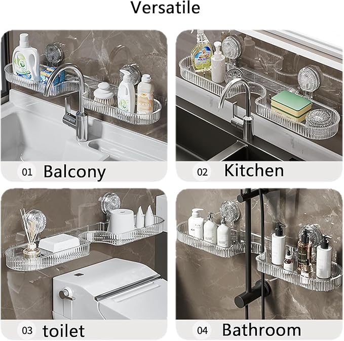 Suction Organizer Rack Above Sink, Suctions Organizer Rack Bathroom Sink, No Drill Kitchen Wall Mounted Shelf for Dishcloth, Soap Storage with Drainage (Clear)