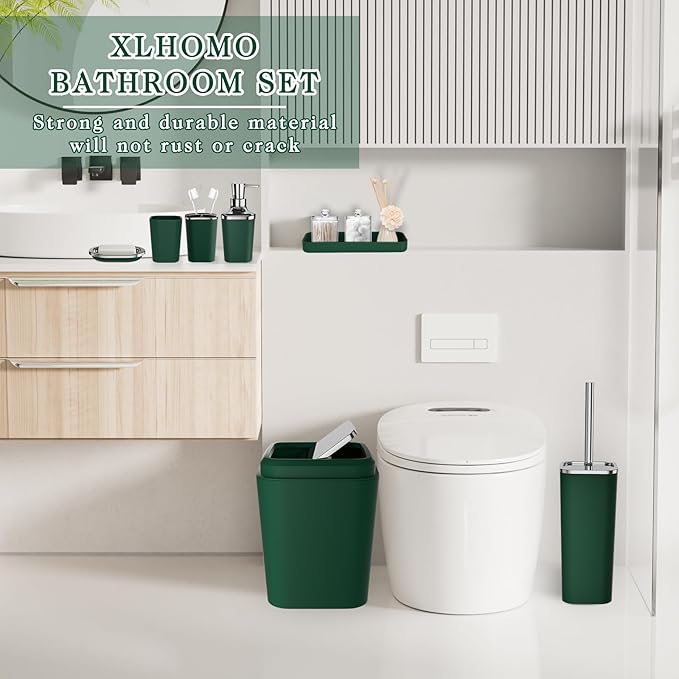 XLHOMO Dark Green Bathroom Accessories Set, Green Bathroom Set with Trash Can, Toothbrush Holder, Toothbrush Cup, Soap Dispenser, Soap Dish, Toilet Brush Holder, 2 Qtip Holder Dispensers and Tray
