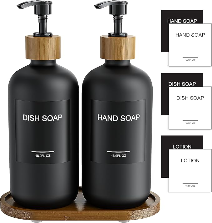 MASADI Black Glass Hand Soap and Lotion Dispenser Set with Tray, Liquid Hand Soap Dispenser and Pump, Bathroom Soap Dispenser Set, Bamboo Bathroom Accessories & Modern Bathroom Deco
