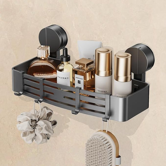 Suction Cup Shower Caddy Without Drilling | 4 Hooks, 32 cm Length, 10 kg Load Capacity, 1-Minute Installation | Removable and Rust-Free Shower Shelf