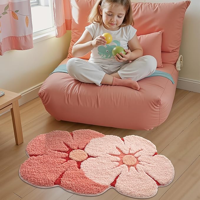 LUMI Flower Bath Rug, Funny Floral Bath Mat, Soft Plush Fluffy Red Rug, Absorbent, Non-Slip for Bathroom, Kitchen Sink, Bedroom, Kid's Bedroom, and Living Room, 20"x32", Bliss Pink