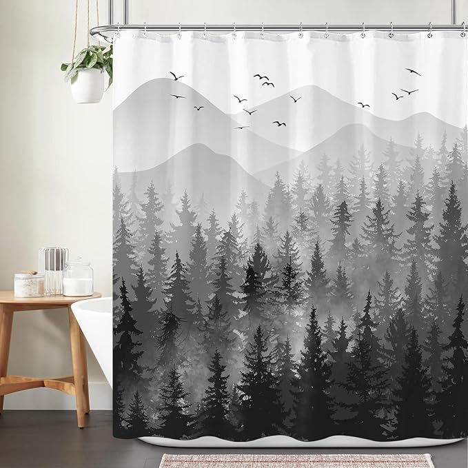 Accnicc 78 Inch Long Black and White Misty Forest Shower Curtain Ombre Dark Gray Mountain Pine Tree Waterproof Fabric Shower Curtains for Bathroom Grey Nature Woodland Decorative Bath Curtain Decor