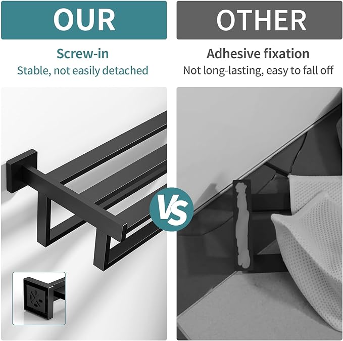 Double Towel Bar, 24 Inch Towel Racks for Bathroom Wall Mounted, Bathroom Towel Rack, Towel Rack with Shelf, Stainless Steel Hand Towel Hanger, Bath Towel Holder for Wall, Black